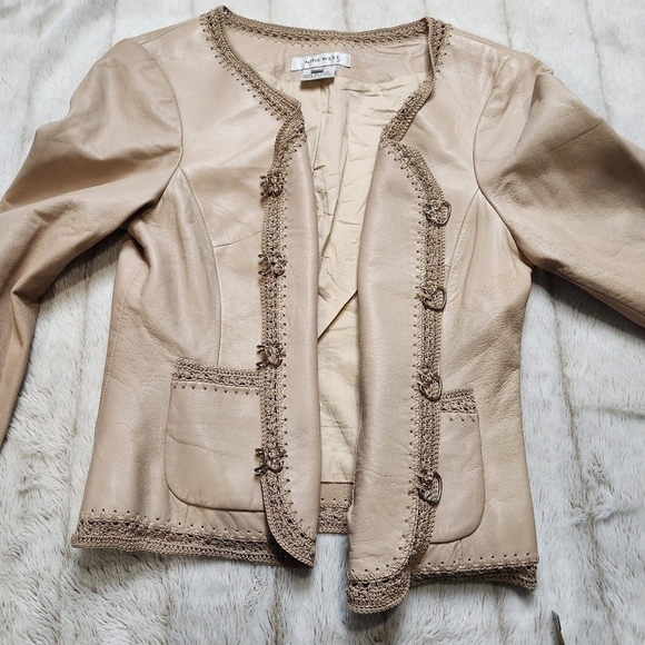 Leather Jacket Crochet BOHO V-neckline long sleeve SIZE M NINE WEST - Picture 7 of 16